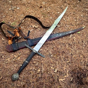Custom Handmade Two-Handed French Falchion Replica, 1075 Steel Medieval Collectible, African Blackwood Handle & Leather Wrappped Scabbard.