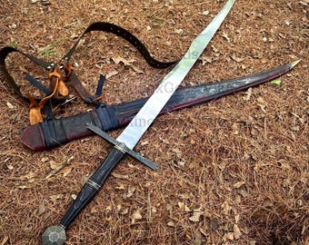 Custom Handmade Two-Handed French Falchion Replica, 1075 Steel Medieval Collectible, African Blackwood Handle & Leather Wrappped Scabbard.
