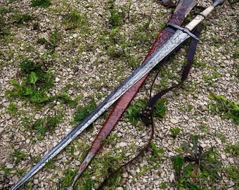 Espada longa artesanal em aço damasco | Espada medieval colecionável de fantasia com bainha