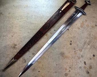 Hand-Forged 5160 Carbon Steel Fantasy Sword with Carved Walnut Scabbard