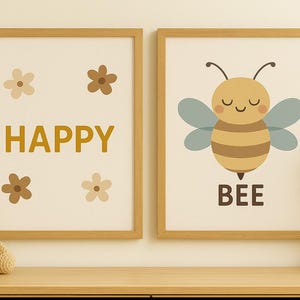 Conjunto de habitación infantil de 2 | Cartel Abeja y Feliz | Lindo cartel de animales para habitación de bebé | Mural para niños | Descarga digital A4