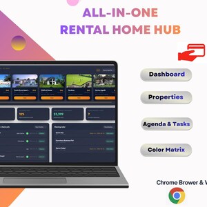 May include: A laptop displaying an All-In-One Rental Home Hub dashboard with property listings, financial data, and navigation buttons for Dashboard, Reservations, Properties, Housekeeping, Agenda & Tasks, Financial Report, Color Matrix, and Backup.