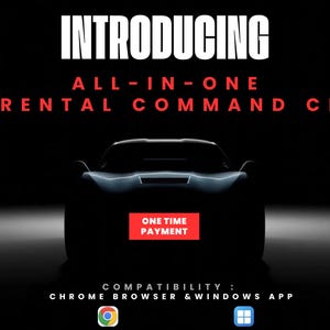 Peut inclure: Une publicité numérique pour un centre de commande de location de voitures avec la silhouette sombre d'une voiture de sport. Le texte indique : INTRODUCING ALL-IN-ONE CAR RENTAL COMMAND CENTER, ONE TIME PAYMENT, COMPATIBILITY: CHROME BROWSER & WINDOWS APP.