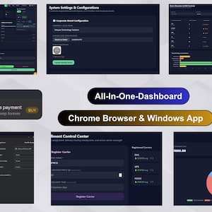 Peut inclure: Une interface de tableau de bord numérique pour Chrome et Windows présentant plusieurs panneaux sur fond sombre avec des visualisations de données, des graphiques et des paramètres. Le texte inclut All-In-One-Dashboard, Chrome Browser & Windows App.