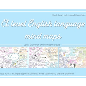 以下が含まれることがあります： 「A level English language mind maps」と書かれた水色のポスター。手描きのイラストと、Lexis、Grammar、比較テキストをカバーするマインドマップが含まれています。下部には「Made from A* example responses and class notes」と書かれています。