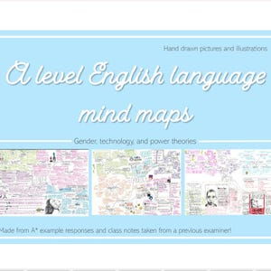 Può includere: Un poster azzurro con il testo "A level English language mind maps" e il sottotitolo "Gender, technology, and power theories". Il poster include tre mappe mentali dettagliate e il testo "Hand drawn pictures and illustrations."