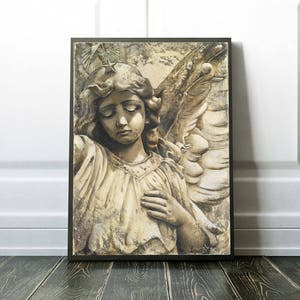 Christmas Angel Art Print, Guardian Angel Statue Wall Art, Large Inspirational Print of a Beautiful Angel Statue, Angel Wall Decor