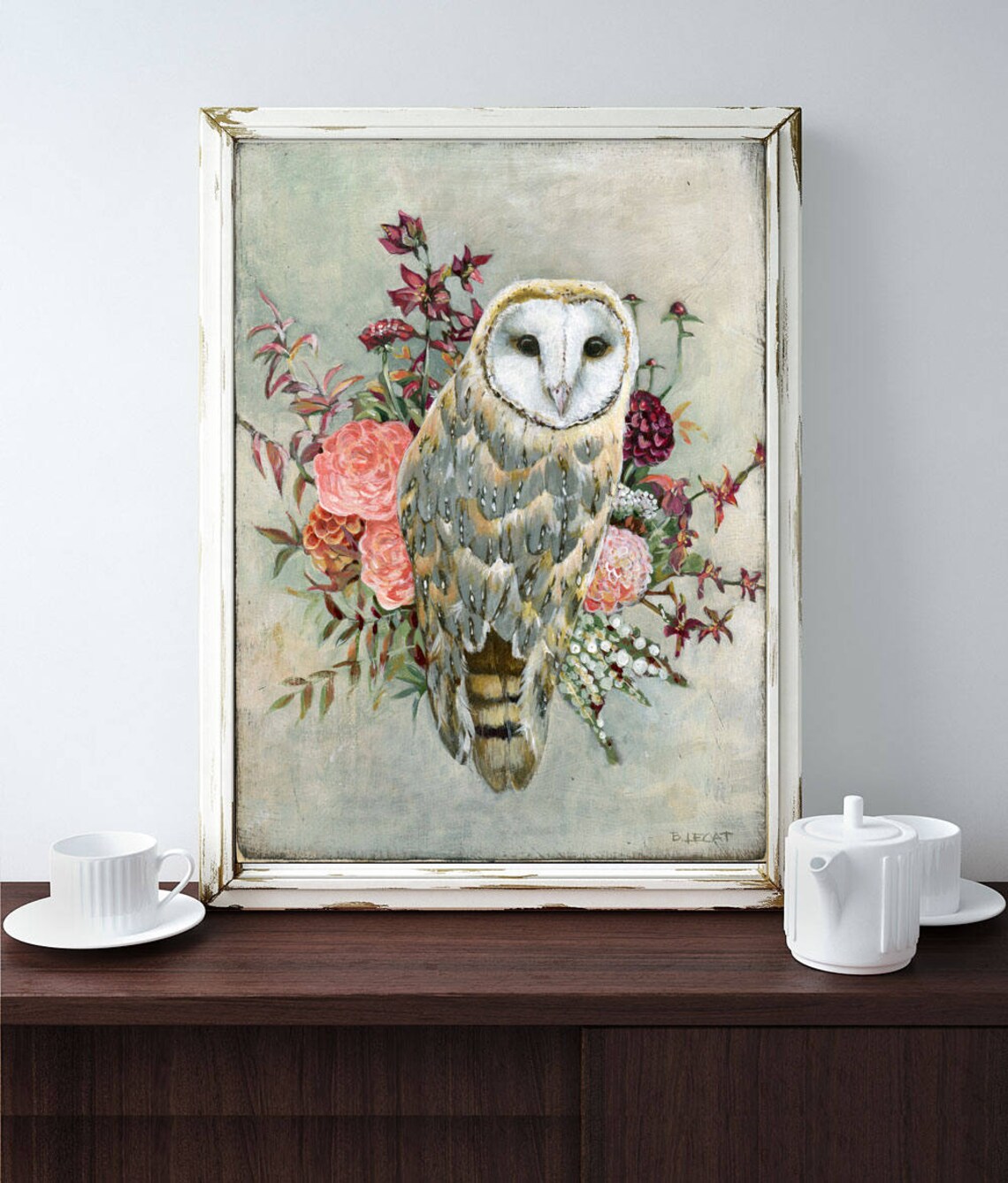 Boho Style Barn Owl Decor Owl and Flowers Poster Print Etsy