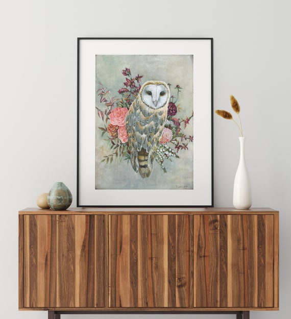 Boho Style Barn Owl Decor, Owl and Flowers Poster Print