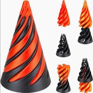 May include: A collection of 3D-printed decorative objects in a cone shape. The objects feature a spiral design with alternating bands of black and orange. The base of each cone is black, and the top is orange.