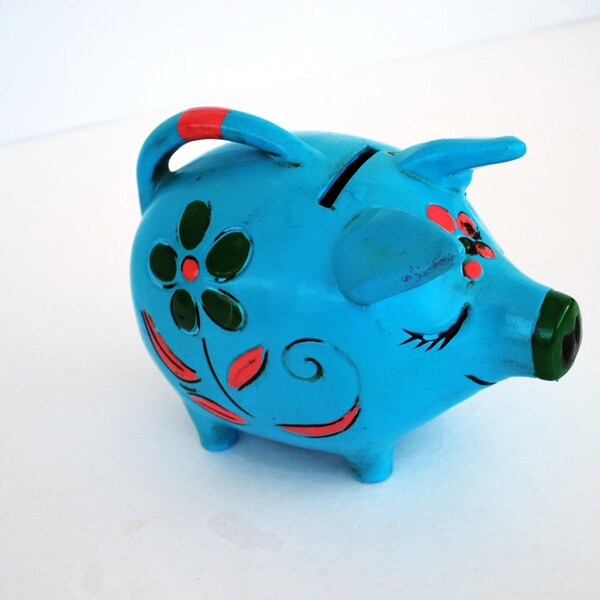 Vintage Teal Blue Piggy Bank Hand Painted Japan World Gift