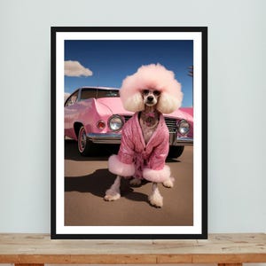 Pink Poodle Wall Art on Wood, Pink Poodle & Vintage Car Art, Funny Retro Dog on Wood, Pink Car Wall Hanging, Pink Poodle in Stylish Outfit