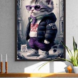 Cool Cat Wall Art, Funny Sunglasses Cat Poster, Wooden Cat Painting, Wooden Poster for Cat Lovers and Gifts, Inflatable Coat Cat, Cute Cat
