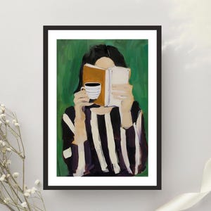 Book and Coffee Wall Art on Wood – Reading Lover Print – Cozy Coffee Nook Decor, Girl Reading Book and Drinking Coffee, Library or Kitchen