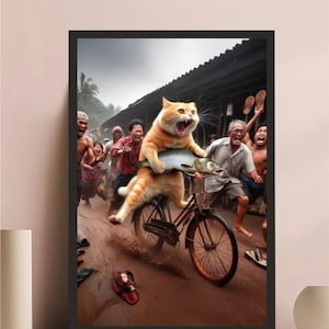 Funny Cat Riding Bicycle Wood Print: Humorous Animal Wall Art
