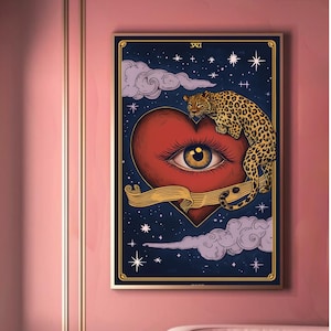 Mystical Leopard Heart Art Print – Surreal Third Eye Digital Download – Tarot Wall Decor, Boho Celestial Artwork, Spiritual Poster