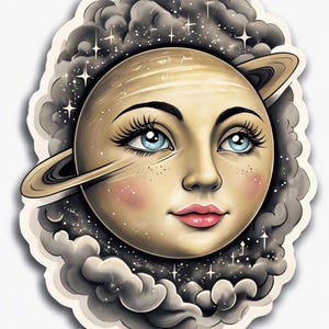 Vintage Saturn Face Sticker with Clouds – Celestial Planet Vinyl Sticker | Cosmic Aesthetic, Laptop or Journal Decor