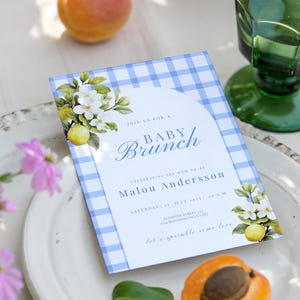 Baby Shower Invitation Editable | Lemon Brunch Canva Template in Blue Gingham | Summer Baby Shower Digital Invite | Lemon Baby Brunch Invite