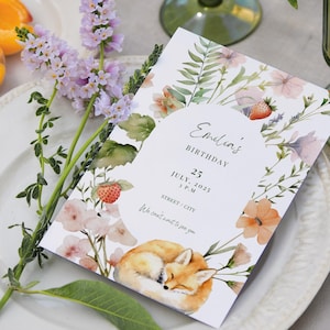 Faire-part d'anniversaire fille modifiable | Renard aquarelle et fleurs | Thème floral | Garden-Party | Téléchargement instantané | Animaux des bois