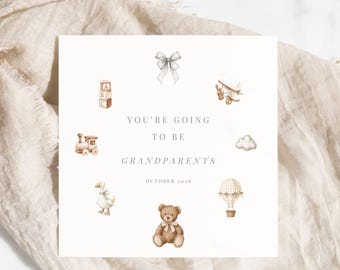 Großeltern werden Schwangerschaftsankündigungskarte: Vintage Kinderzimmer-Babyüberraschung, Teddy-Baby offenbaren (bearbeitbare Canva-Vorlage, digitaler Download)