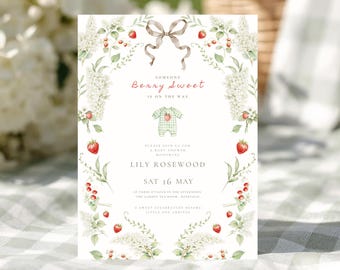 Erdbeer-Babyparty-Einladung: Blumen-Babyparty-Einladung, jemand Beere süßes Baby-Streuseln (bearbeitbare Canva-Vorlage, digitaler Download)