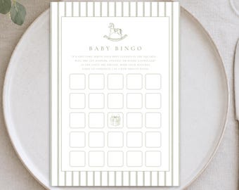 May include: A rectangular Baby Bingo game card featuring a light gray striped border, a rocking horse illustration at the top, and a grid of twenty-five squares with a central gift box icon. The text reads BABY BINGO and includes game instructions.