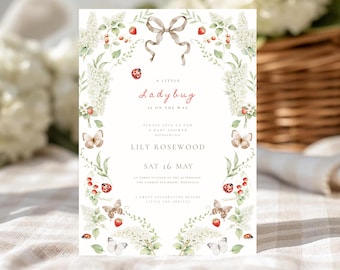 Marienkäfer-Babyparty-Einladung: Blumen-Babyparty-Einladung, wunderliche Garten-Baby-Bestreuung (bearbeitbare Canva-Vorlage, digitaler Download)