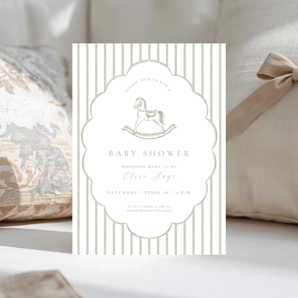 Rocking Horse Baby Shower Invitation: Vintage Green Baby Shower, Green Storybook Invite (Editable Canva Template, Digital Download) BS-13