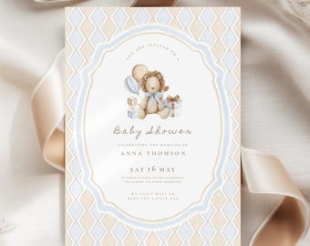 Löwe-Babyparty-Einladung: Vintage-Babyparty-Einladung, beige Babystreu (bearbeitbare Canva-Vorlage, digitaler Download)
