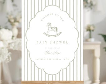 May include: A vertical rectangular sign with a white and light gray striped background featuring a central scalloped frame. The text reads Welcome to the Baby Shower of Mama-to-be Elsie Faye, Saturday, October 16, 1 P.M., with a rocking horse icon.