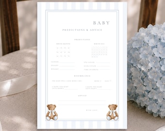 May include: A rectangular baby predictions and advice card featuring a light blue striped border, thin blue lines, and two brown teddy bears with white bows at the bottom. The text includes sections for birth month, day, gender, and advice.