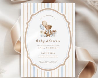 Teddybär-Babyparty-Einladung: Vintage Boy-Babyparty-Einladung, beige Baby-Streusel (bearbeitbare Canva-Vorlage, digitaler Download)