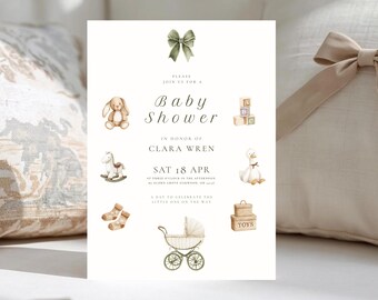 Vintage Toys Babypartyeinladung: Sage Storybook Theme (Digitaler Download)
