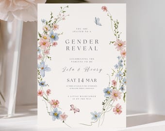 Floral Gender Reveal Invitation: Wildflower Gender Reveal Invite, Spring Garden Baby Party (Canva Template, Digital Download) GR-08