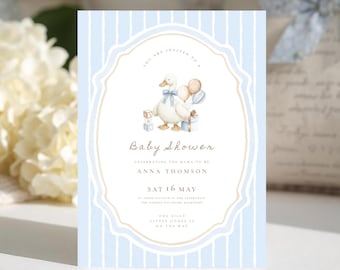 Blaue Gans-Babyparty-Einladung: Vintage Jungen-Baby-Streuseinladung, dumme kleine Gans (bearbeitbare Canva-Vorlage, digitaler Download)