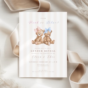 May include: A gender reveal invitation card with a soft, neutral color palette. The card features two teddy bears, one with a pink bow and the other with a blue bow. The text reads "Pink or Blue?" and details for the event.