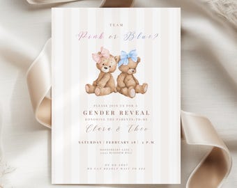 Bear Gender Reveal Invitation: Team Pink Or Blue, Teddy Bear He or She Invite, Beige Gender Reveal Party (Canva Template, Digital Download)