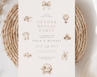 Neutral Gender Reveal Invitation: Vintage Hot Air Balloon Design (Digital Download)