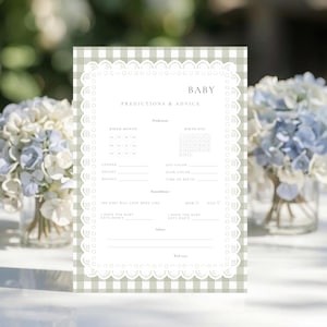 May include: A baby shower predictions and advice card with a green and white gingham border and a white lace trim. The card includes prompts for predictions about the baby's birth and advice for the parents.