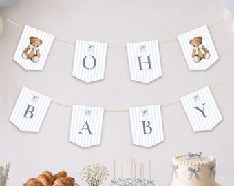 Blue Vintage Teddy Oh Baby Banner: Blue Bear Baby Shower Garland, Baby Party Bunting, Baby Shower Backdrop (Digital Canva Template) BS-05