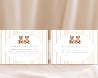 May include: Two rectangular cards with a beige and white vertical striped background. Each card features two brown teddy bears with blue and pink ribbons. The left card reads BOOKS FOR BABY and the right card reads DIAPER RAFFLE with text below.