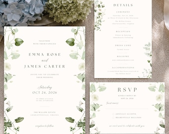 Greenery Invitation Bundle: Eucalyptus Botanical Wedding Suite, Invite I RSVP I Details (Digital Editable Canva Templates) WD-05