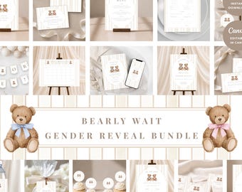 May include: A digital gender reveal party stationery bundle featuring a beige striped pattern and watercolor teddy bear illustrations. The set includes signs, tags, cupcake toppers, and cards with the text Bearly Wait Gender Reveal Bundle.