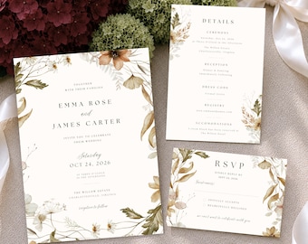 May include: A wedding invitation suite featuring three white cards with botanical illustrations in shades of brown, green, and cream. The text includes names Emma Rose and James Carter, date Oct 24, 2026, and details for the ceremony, reception, and RSVP.