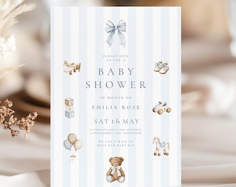 Babypartyeinladung blauer Bär: Vintage Spielzeug-Baby-Einladung, blaue Streifen-Junge-Babyparty-Einladung (bearbeitbare Canva-Vorlage, digitaler Download)