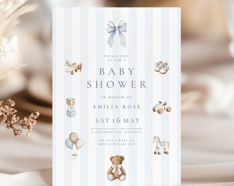 Blue Bear Baby Shower Invitation: Vintage Toys Baby Sprinkle Invite, Blue Stripes Boy Baby Party (Canva Template, Digital Download) BS-05
