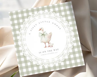 Schwangerschaftsankündigungskarte für Gänse: Grüne Gingham-Baby-Enthüllung, Dumme kleine Gans (bearbeitbare Canva-Vorlage, digitaler Download)