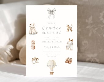 Neutrale Gender Reveal Einladung: Vintage Toys Gender Reveal, Beige Storybook Invite (bearbeitbare Canva-Vorlage, digitaler Download)