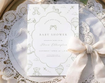Vintage Toys Baby Shower Invitation: Green Storybook Card,  Green Baby Shower Invite (Editable Canva Template, Digital Download) BS-11
