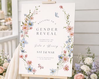 Floral Gender Reveal Welcome Sign: Wildflower Welcome Poster, Baby Party Entrance Poster (Editable Canva Template, Digital Download) GR-08